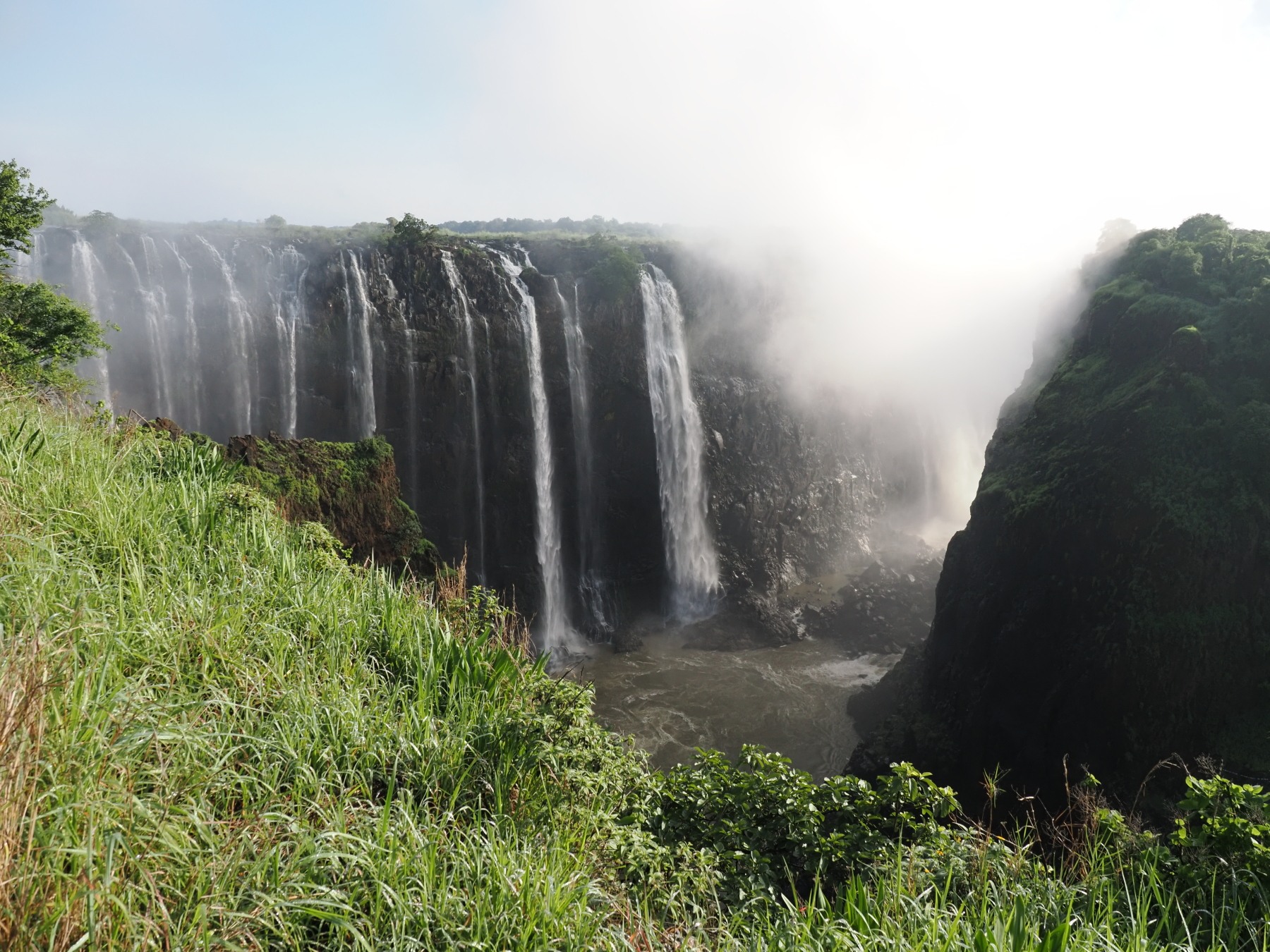I'm in zimbabwe. Zambia is the outfropping on the right and the countries split the falls.